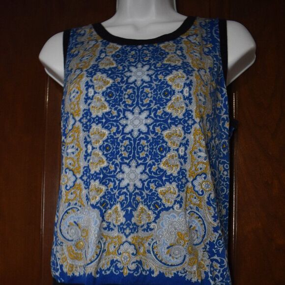 Talbots Sleeveless Sweater Pullover Size M Petite Blue Boho Paisley Vest - Picture 11 of 15